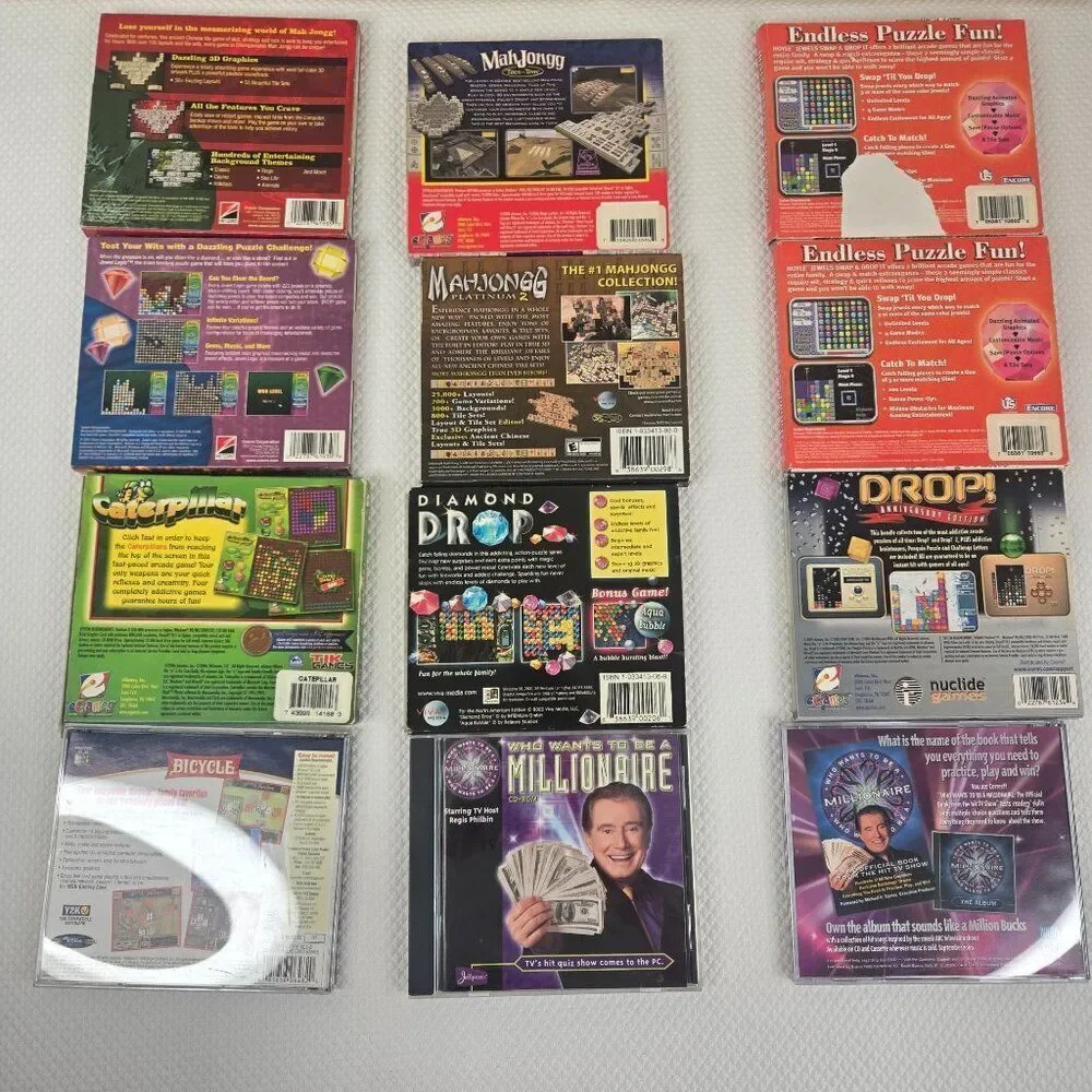 Lot Of 12 PC CD-ROM PC Puzzle Card Games Mah Jongg Jewel Logic Bicycle Millionai